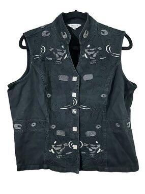 Bolaijue Jeans Black Silver Embroidered Snap Button Stand-Collar Vest Size 16